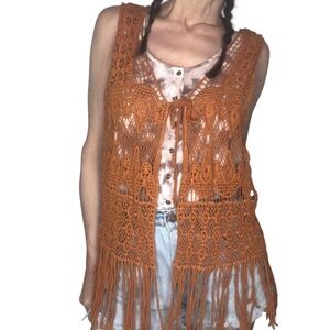 Kontrol Contemporary Boho Crochet Vest Sz S Sienna Brown Fringe Western Festival